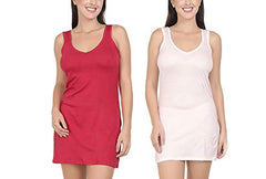 BLAZON Women's Cotton Hosiery Selfie Midi Slip Combo Pack of 2 (Available Sizes: XS, S, M, L, XL, 2XL, 3XL, 4XL, 5XL) - Red, Baby Pink