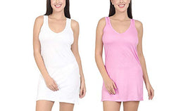 BLAZON Women's Cotton Hosiery Selfie Midi Slip Combo Pack of 2 (Colour: White, Pink; Size: S; Length: 31in; Bust: 32in)