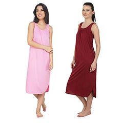 BLAZON Women's Cotton Hosiery Solid Maxi Nighty Slip (Pack of 2) Available Sizes: S, M, L, XL, 2XL, 3XL, 4XL, 5XL - Pink, Maroon