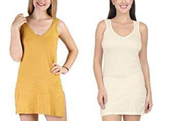 BLAZON Women's Cotton Hosiery Selfie Midi Slip Combo Pack of 2 (Available Sizes: XS, S, M, L, XL, 2XL, 3XL, 4XL, 5XL) - Off White, Whiskey