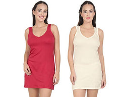 BLAZON Women's Cotton Hosiery Selfie Midi Slip Combo Pack of 2 (Colour: Off White/Cream, Red; Size: L; Length: 33in; Bust: 36in)