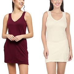 BLAZON Women's Cotton Hosiery Selfie Midi Slip Combo Pack of 2 (Available Sizes: XS, S, M, L, XL, 2XL, 3XL, 4XL, 5XL) - Tamarind, Off White