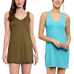 BLAZON Women's Cotton Hosiery Selfie Midi Slip Combo Pack of 2 (Available Sizes: XS, S, M, L, XL, 2XL, 3XL, 4XL, 5XL) - Field, Turquoise