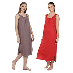 BLAZON Women's Cotton Hosiery Solid Maxi Nighty Slip (Pack of 2) Available Sizes: S, M, L, XL, 2XL, 3XL, 4XL, 5XL - Brownish Grey, Red