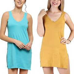 BLAZON Women's Cotton Hosiery Selfie Midi Slip Combo Pack of 2 (Available Sizes: XS, S, M, L, XL, 2XL, 3XL, 4XL, 5XL) - Turquoise, Whiskey