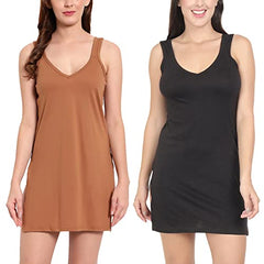 BLAZON Women's Cotton Hosiery Selfie Midi Slip Combo Pack of 2 (Available Sizes: XS, S, M, L, XL, 2XL, 3XL, 4XL, 5XL) - Wood, Black