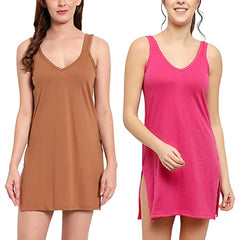 BLAZON Women's Cotton Hosiery Selfie Midi Slip Combo Pack of 2 (Available Sizes: XS, S, M, L, XL, 2XL, 3XL, 4XL, 5XL) - Wood, Dark Pink