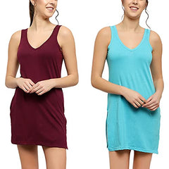 BLAZON Women's Cotton Hosiery Selfie Midi Slip Combo Pack of 2 (Available Sizes: XS, S, M, L, XL, 2XL, 3XL, 4XL, 5XL) - Tamarind, Turquoise