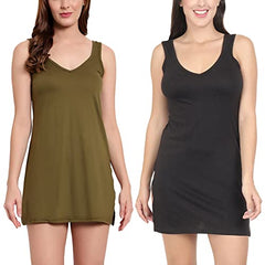 BLAZON Women's Cotton Hosiery Selfie Midi Slip Combo Pack of 2 (Available Sizes: XS, S, M, L, XL, 2XL, 3XL, 4XL, 5XL) - Field, Black