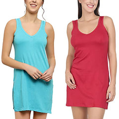 BLAZON Women's Cotton Hosiery Selfie Midi Slip Combo Pack of 2 (Available Sizes: XS, S, M, L, XL, 2XL, 3XL, 4XL, 5XL) - Turquoise, Red