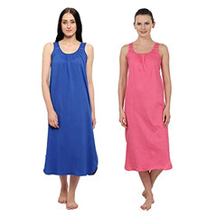 BLAZON Women's Cotton Hosiery Solid Maxi Nighty Slip (Pack of 2) Available Sizes: S, M, L, XL, 2XL, 3XL, 4XL, 5XL - Sapphire Blue, Dark Pink