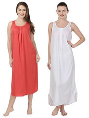 BLAZON Women's Cotton Nighty Slip - Set of 2 (Orange & White)