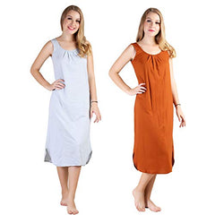 BLAZON Women's Cotton Hosiery Solid Maxi Nighty Slip (Pack of 2) Available Sizes: S, M, L, XL, 2XL, 3XL, 4XL, 5XL - Blueberry Frost, Brandy