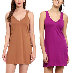 BLAZON Women's Cotton Hosiery Selfie Midi Slip Combo Pack of 2 (Available Sizes: XS, S, M, L, XL, 2XL, 3XL, 4XL, 5XL) - Wood, Vivid Violet