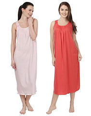 BLAZON Women's Cotton Nighty Slip - Set of 2 (Baby Pink & Orange)