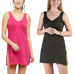 BLAZON Women's Cotton Hosiery Selfie Midi Slip Combo Pack of 2 (Available Sizes: XS, S, M, L, XL, 2XL, 3XL, 4XL, 5XL) - Dark Pink, Martini Olive