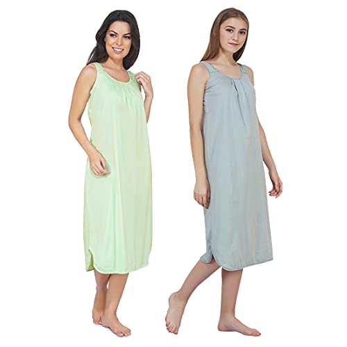 BLAZON Women's Cotton Hosiery Solid Maxi Nighty Slip (Pack of 2) Available  Sizes: S, M, L, XL, 2XL, 3XL, 4XL, 5XL - Sea Green, Wisp Grey