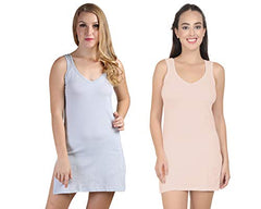 BLAZON Women's Cotton Hosiery Selfie Midi Slip Combo Pack of 2 (Colour: Blueberry Frost/Greyish Blue, Peach/Skin; Size: L; Length: 33in; Bust: 36in)