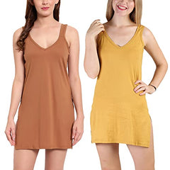 BLAZON Women's Cotton Hosiery Selfie Midi Slip Combo Pack of 2 (Available Sizes: XS, S, M, L, XL, 2XL, 3XL, 4XL, 5XL) - Wood, Whiskey