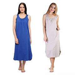 BLAZON Women's Cotton Hosiery Solid Maxi Nighty Slip (Pack of 2) Available Sizes: S, M, L, XL, 2XL, 3XL, 4XL, 5XL - Sapphire Blue, Almond Frost