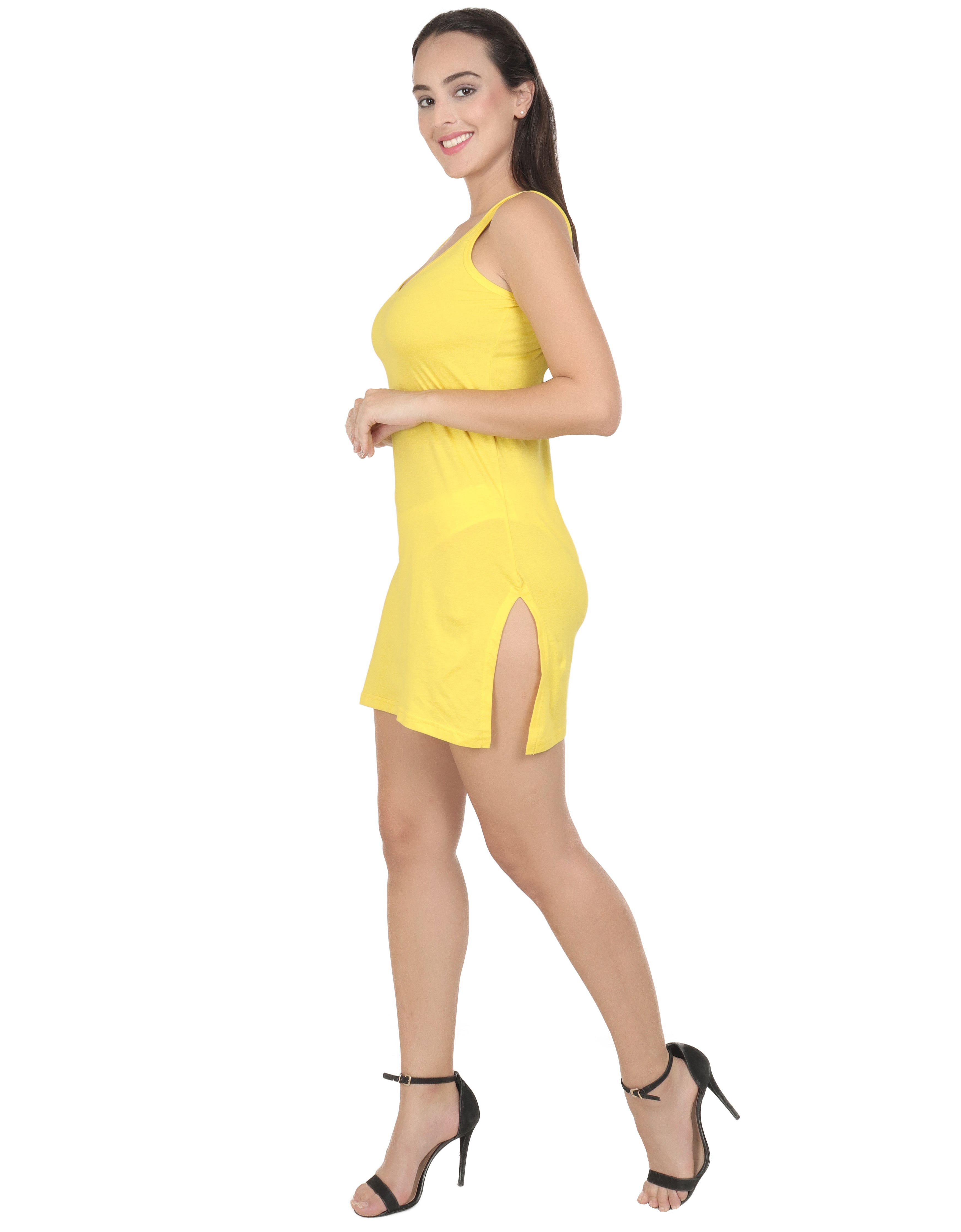 BLAZON Women's Cotton Hosiery Selfie Midi Slip (Yellow; Sizes: XS, S, M, L, XL, 2XL, 3XL, 4XL, 5XL) Side View