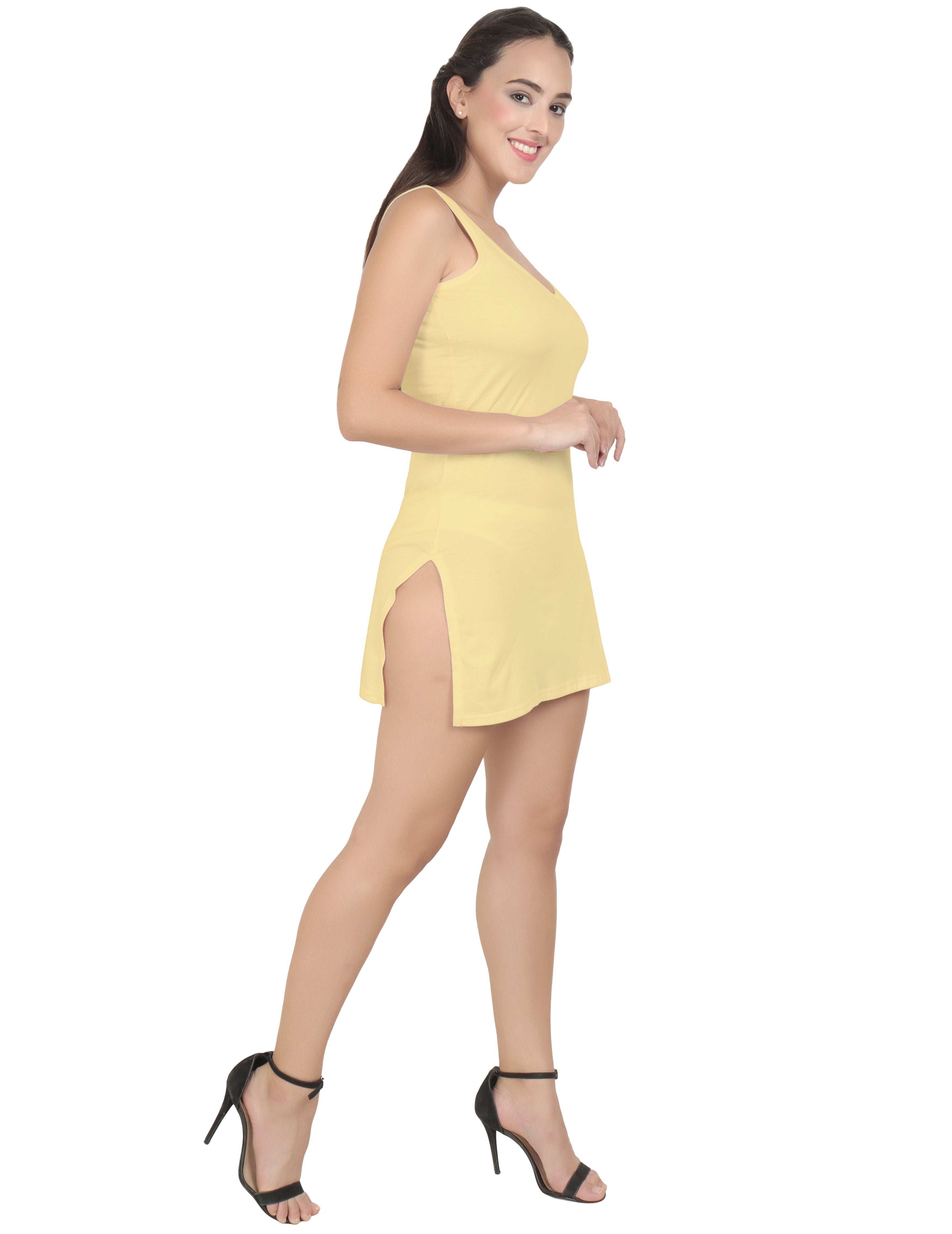 BLAZON Women's Cotton Hosiery Selfie Midi Slip (Skin / Dull Yellow; Sizes: XS, S, M, L, XL, 2XL, 3XL, 4XL, 5XL) Diagonal View