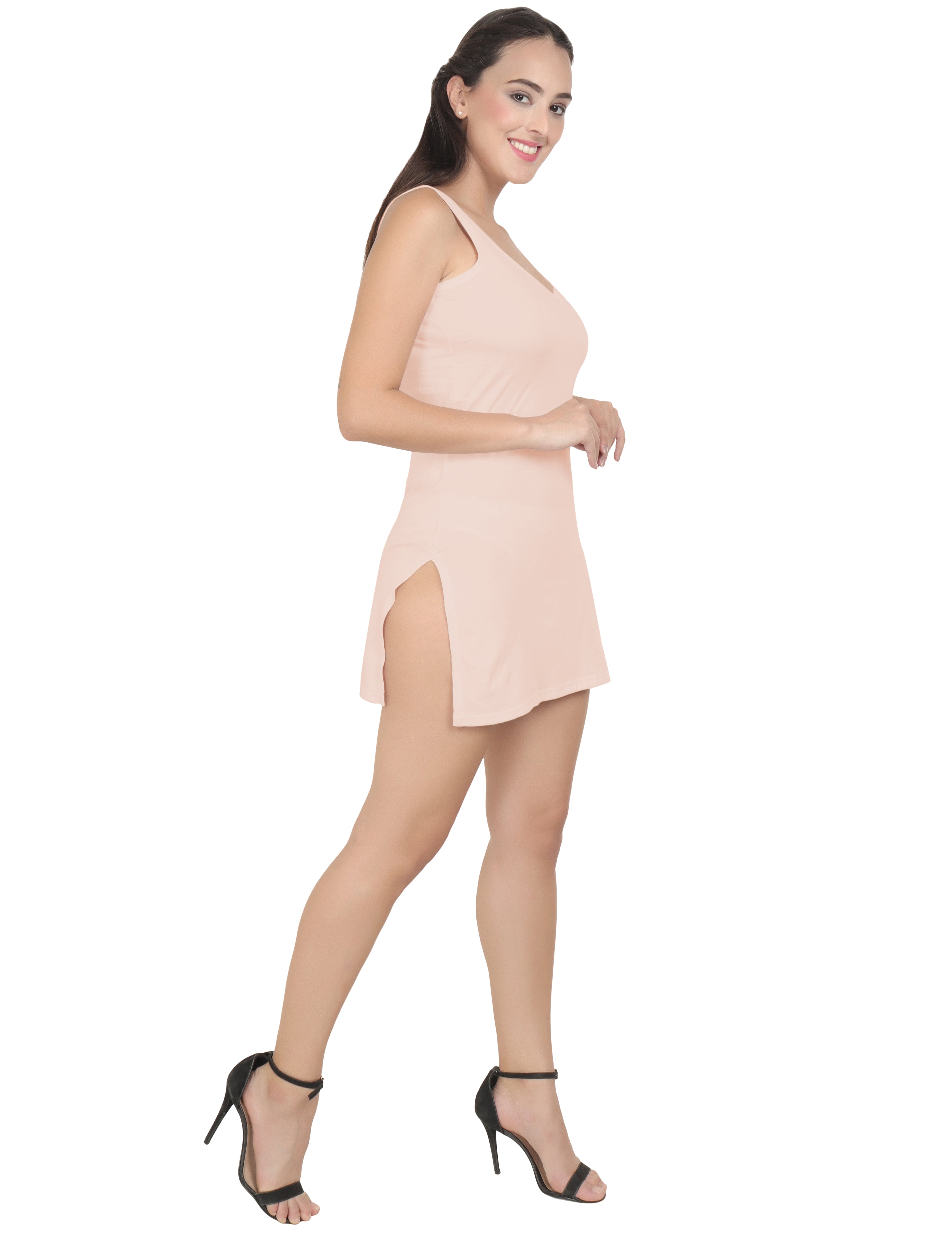 BLAZON Women's Cotton Hosiery Selfie Midi Slip (Peach; Sizes: XS, S, M, L, XL, 2XL, 3XL, 4XL, 5XL) Diagonal View