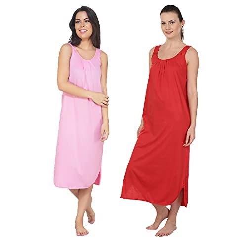 BLAZON Women's Cotton Hosiery Solid Maxi Nighty Slip (Pack of 2) Available Sizes: S, M, L, XL, 2XL, 3XL, 4XL, 5XL - Pink, Red