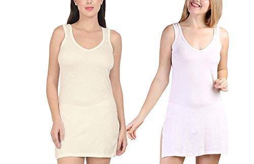 BLAZON Women's Cotton Hosiery Selfie Midi Slip Combo Pack of 2 (Available Sizes: XS, S, M, L, XL, 2XL, 3XL, 4XL, 5XL) - Off White, Strawberry Frost