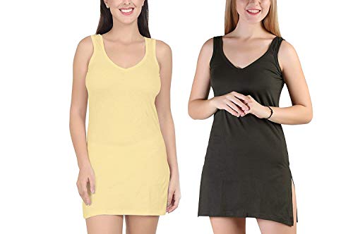 BLAZON Women's Cotton Hosiery Selfie Midi Slip Combo Pack of 2 (Colour: Skin / Dull Yellow, Martini Olive / Dark Green; Size: 3XL; Length: 35in; Bust: 42in)