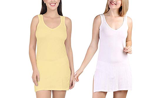 BLAZON Women's Cotton Hosiery Selfie Midi Slip Combo Pack of 2 (Colour: Skin / Dull Yellow, Strawberry Frost / Powder Pink; Size: 3XL; Length: 35in; Bust: 42in)