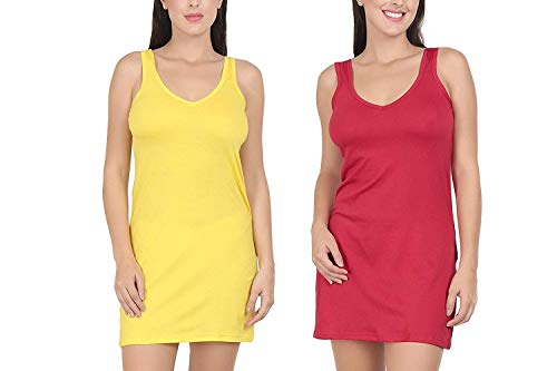 BLAZON Women's Cotton Hosiery Selfie Midi Slip Combo Pack of 2 (Available Sizes: XS, S, M, L, XL, 2XL, 3XL, 4XL, 5XL) - Yellow, Red