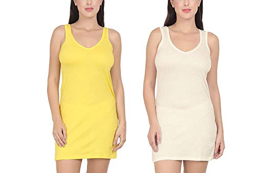 BLAZON Women's Cotton Hosiery Selfie Midi Slip Combo Pack of 2 (Available Sizes: XS, S, M, L, XL, 2XL, 3XL, 4XL, 5XL) - Yellow, Off White