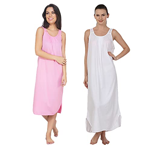 BLAZON Women's Cotton Hosiery Solid Maxi Nighty Slip (Pack of 2) Available Sizes: S, M, L, XL, 2XL, 3XL, 4XL, 5XL - Pink, White