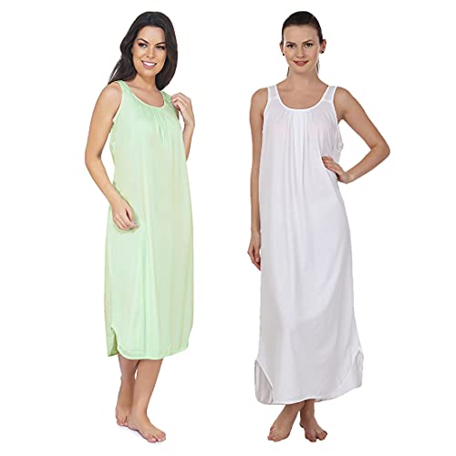 BLAZON Women's Cotton Hosiery Solid Maxi Nighty Slip (Pack of 2) Available Sizes: S, M, L, XL, 2XL, 3XL, 4XL, 5XL - Sea Green, White