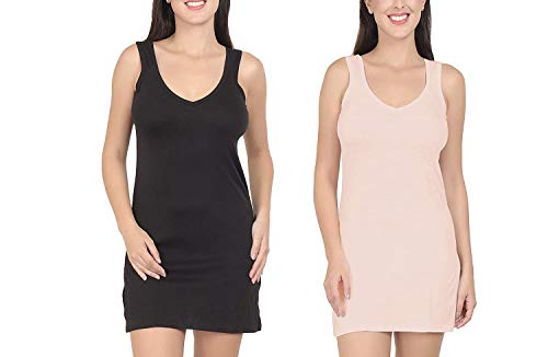 BLAZON Women's Cotton Hosiery Selfie Midi Slip Combo Pack of 2 (Available Sizes: XS, S, M, L, XL, 2XL, 3XL, 4XL, 5XL) - Black, Peach