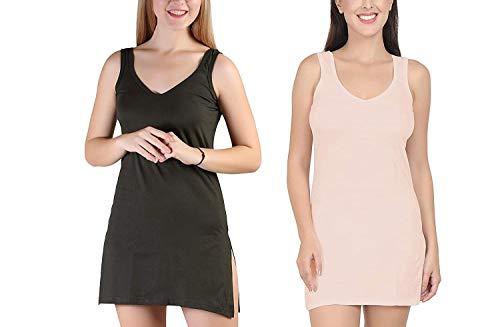 BLAZON Women's Cotton Hosiery Selfie Midi Slip Combo Pack of 2 (Available Sizes: XS, S, M, L, XL, 2XL, 3XL, 4XL, 5XL) - Martini Olive, Peach