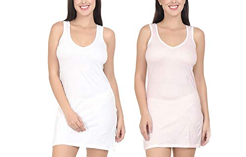 BLAZON Women's Cotton Hosiery Selfie Midi Slip Combo Pack of 2 (Available Sizes: XS, S, M, L, XL, 2XL, 3XL, 4XL, 5XL) - Baby Pink, White