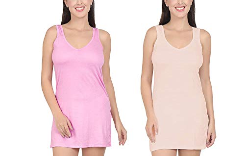 BLAZON Women's Cotton Hosiery Selfie Midi Slip Combo Pack of 2 (Colour: Pink, Peach / Skin; Size: XL; Length: 34in; Bust: 38in)