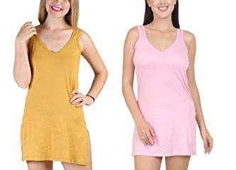 BLAZON Women's Cotton Hosiery Selfie Midi Slip Combo Pack of 2 (Colour: Whiskey / Mustard, Pink; Size: 3XL; Length: 35in; Bust: 42in)