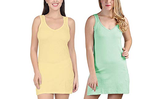 BLAZON Women's Cotton Hosiery Selfie Midi Slip Combo Pack of 2 (Colour: Skin / Dull Yellow, Pista Green; Size: 4XL; Length: 36in; Bust: 44in)