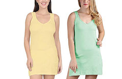 BLAZON Women's Cotton Hosiery Selfie Midi Slip Combo Pack of 2 (Colour: Skin / Dull Yellow, Pista Green; Size: L; Length: 33in; Bust: 36in)