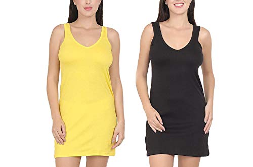 BLAZON Women's Cotton Hosiery Selfie Midi Slip Combo Pack of 2 (Available Sizes: XS, S, M, L, XL, 2XL, 3XL, 4XL, 5XL) - Yellow, Black