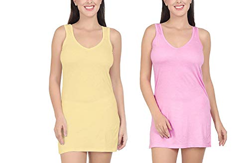 BLAZON Women's Cotton Hosiery Selfie Midi Slip Combo Pack of 2 (Colour: Skin / Dull Yellow, Pink; Size: XL; Length: 34in; Bust: 38in)