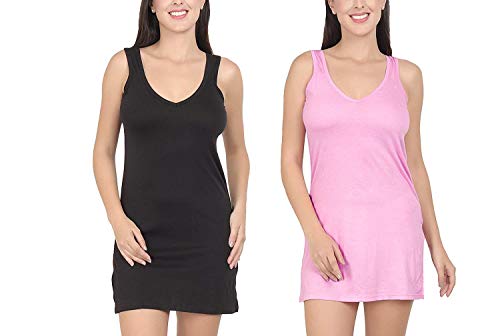 BLAZON Women's Cotton Hosiery Selfie Midi Slip Combo Pack of 2 (Available Sizes: XS, S, M, L, XL, 2XL, 3XL, 4XL, 5XL) - Black, Pink