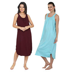 BLAZON Women's Cotton Hosiery Solid Maxi Nighty Slip (Pack of 2) Available Sizes: S, M, L, XL, 2XL, 3XL, 4XL, 5XL - Tamarind, Turquoise