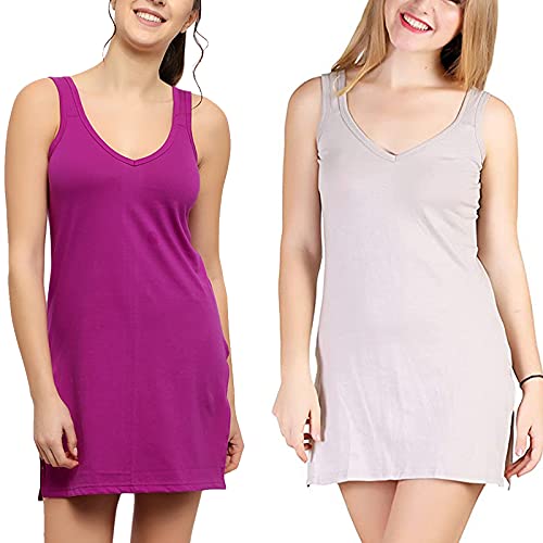 BLAZON Women's Cotton Hosiery Selfie Midi Slip Combo Pack of 2 (Available Sizes: XS, S, M, L, XL, 2XL, 3XL, 4XL, 5XL) - Vivid Violet, Almond Frost