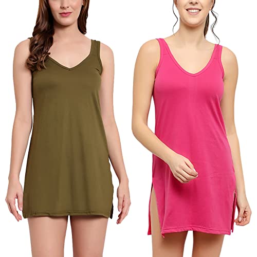 BLAZON Women's Cotton Hosiery Selfie Midi Slip Combo Pack of 2 (Available Sizes: XS, S, M, L, XL, 2XL, 3XL, 4XL, 5XL) - Field, Dark Pink