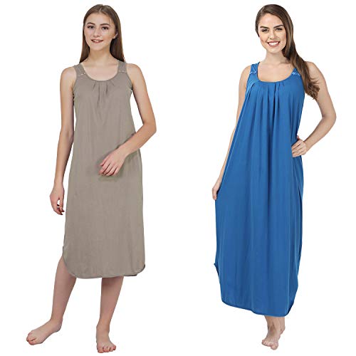 BLAZON Women's Cotton Hosiery Solid Maxi Nighty Slip (Pack of 2) Available Sizes: S, M, L, XL, 2XL, 3XL, 4XL, 5XL - Smoky Grey, Royal Blue