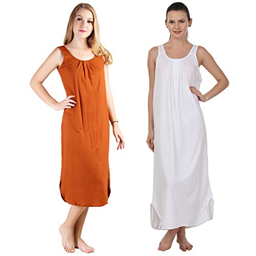 BLAZON Women's Cotton Hosiery Solid Maxi Nighty Slip (Pack of 2) Available Sizes: S, M, L, XL, 2XL, 3XL, 4XL, 5XL - Brandy, White